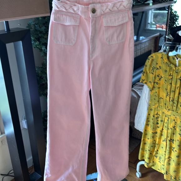 Sandro Pants - Sandro pink cotton pants with braided waist detailing, gold logo button Size 34